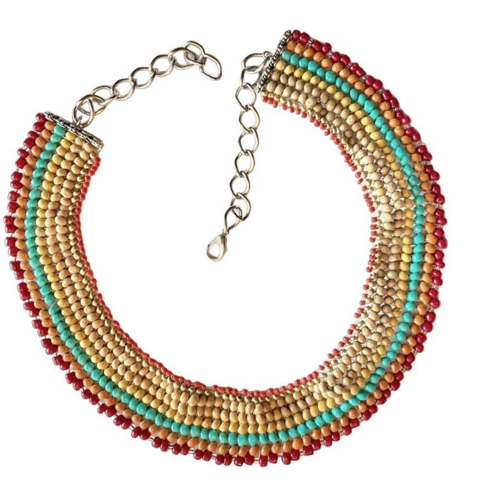 Colorful red and teal accent beaded collar necklace